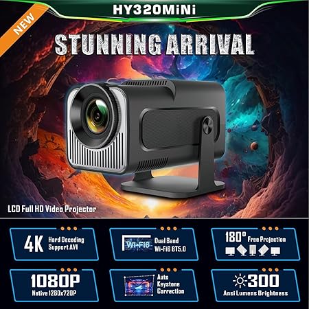 Steepify HY320 Smart Projector 4K Supported | Android 11 | Native 1080P Full HD | Wi-Fi 6 | Bluetooth 5.2 | 330 ANSI | Auto Keystone | Portable Projector for Home Cinema & Gaming