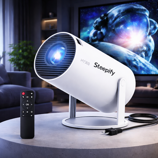 Steepify HY300 Smart Projector with Android 11 | Native 1080P HD | 4K Supported | WiFi 6 & Bluetooth 5.0 | Auto Keystone | 180° Rotatable | 130" Screen | Portable Home Theater Projector