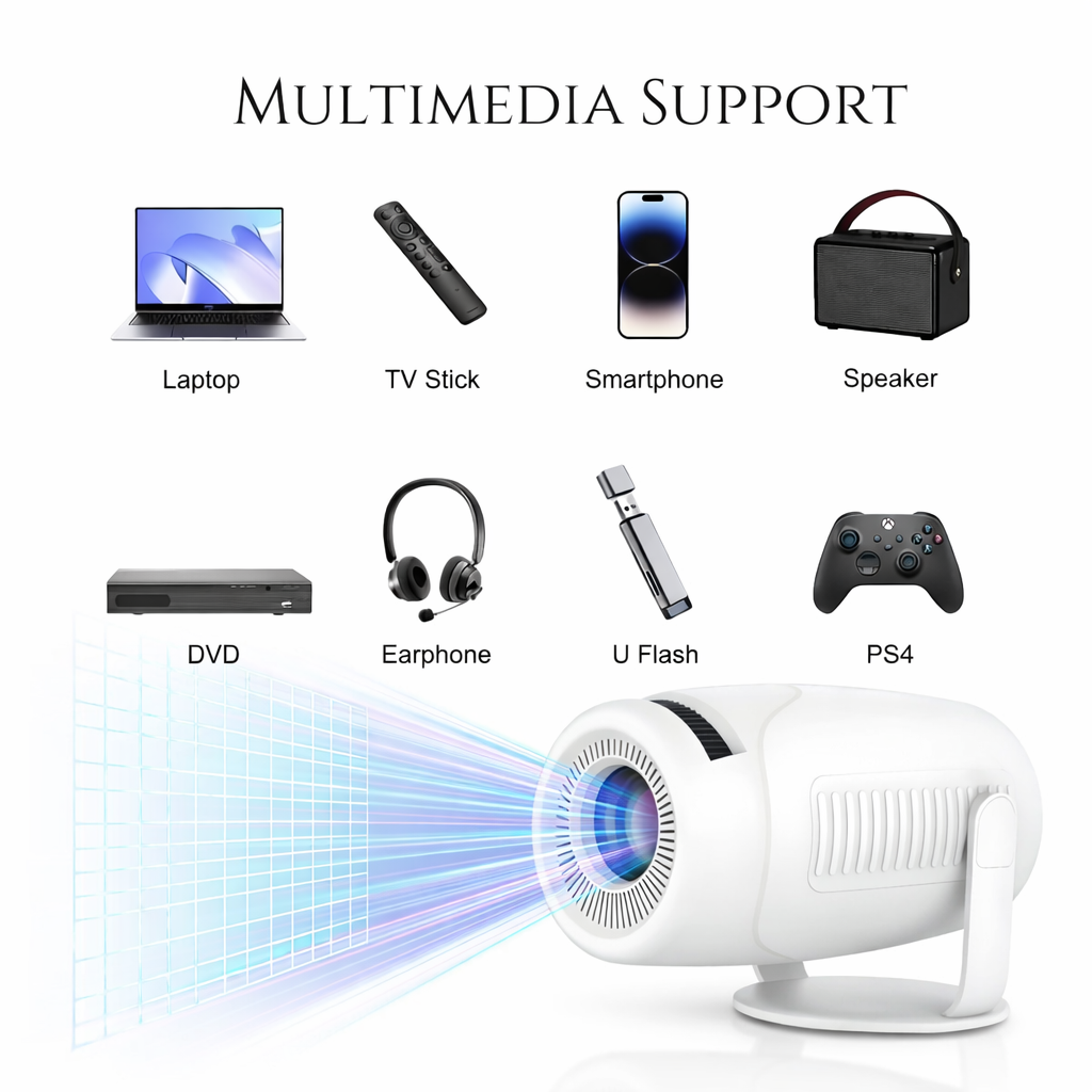 STEEPIFY Smart Projector 4K Supported with Android 14 | 1080P Native, 200 ANSI Lumens, WiFi 6, Bluetooth 5.4, Auto Keystone, Rotatable Stand | Portable Mini Projector for Home, Movies & Gaming
