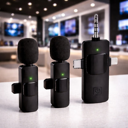 Steepify Wireless Microphone for iPhone, Android, Camera & Laptop | Dual Mic with 3-in-1 Receiver (Type-C + Lightning + 3.5mm) | Plug & Play | Noise Cancellation | 20m Wireless Range