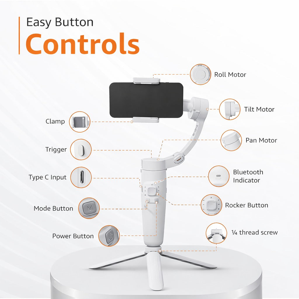 Steepify 3-Axis Smartphone Gimbal Stabilizer | AI Face Tracking | Bluetooth Remote | Foldable Handheld Gimbal | 360° Rotation | Anti-Shake Video Stabilizer for Android & iPhone | White