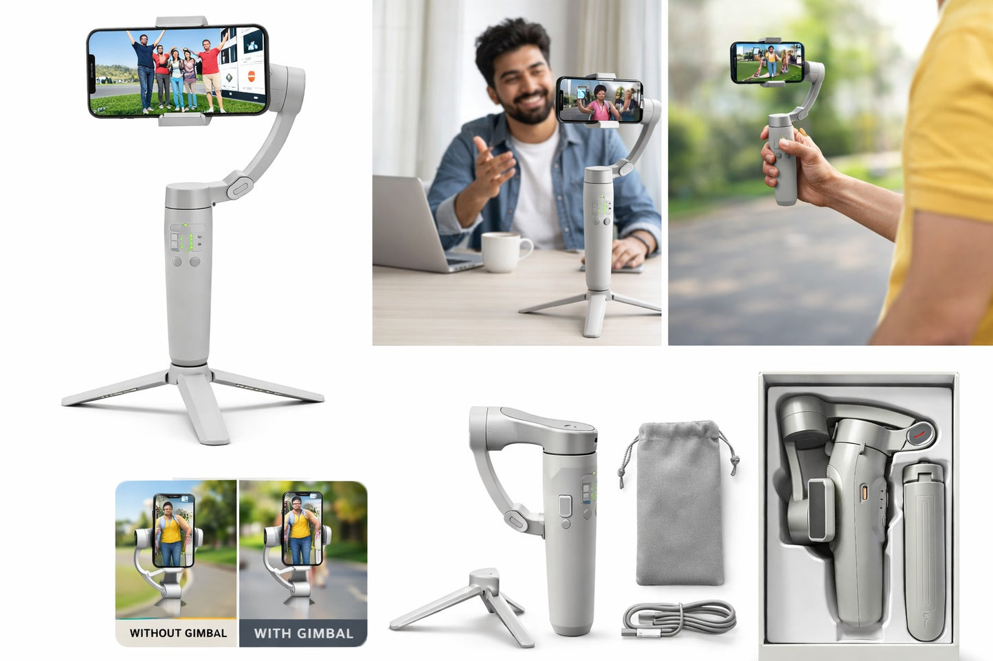 Steepify 3-Axis Smartphone Gimbal Stabilizer | AI Face Tracking | Bluetooth Remote | Foldable Handheld Gimbal | 360° Rotation | Anti-Shake Video Stabilizer for Android & iPhone | White