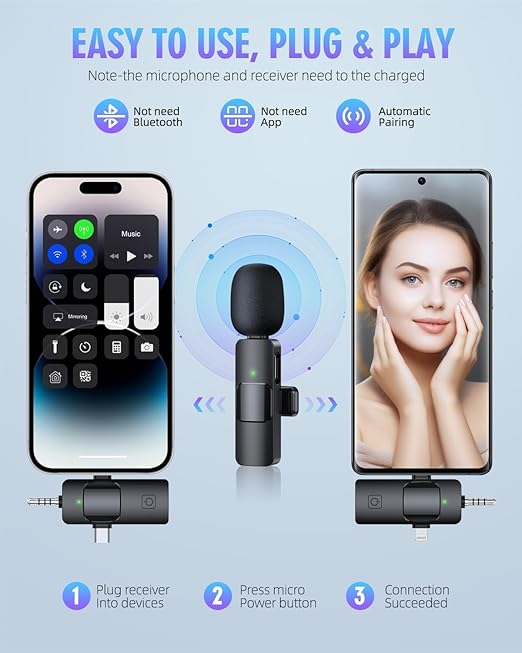 Steepify Wireless Microphone for iPhone, Android, Camera & Laptop | Dual Mic with 3-in-1 Receiver (Type-C + Lightning + 3.5mm) | Plug & Play | Noise Cancellation | 20m Wireless Range