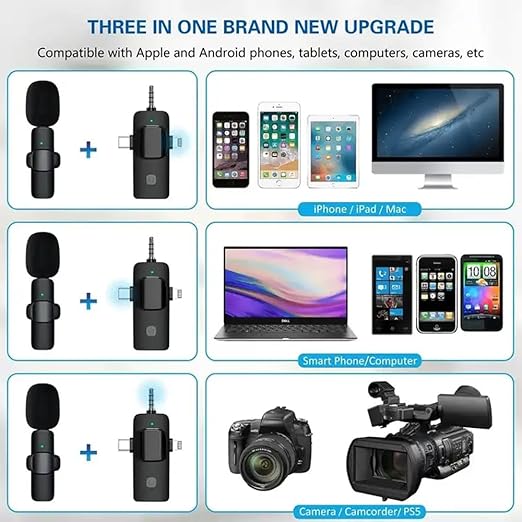 Steepify Wireless Microphone for iPhone, Android, Camera & Laptop | Dual Mic with 3-in-1 Receiver (Type-C + Lightning + 3.5mm) | Plug & Play | Noise Cancellation | 20m Wireless Range