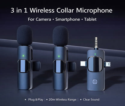 Steepify Wireless Microphone for iPhone, Android, Camera & Laptop | Dual Mic with 3-in-1 Receiver (Type-C + Lightning + 3.5mm) | Plug & Play | Noise Cancellation | 20m Wireless Range