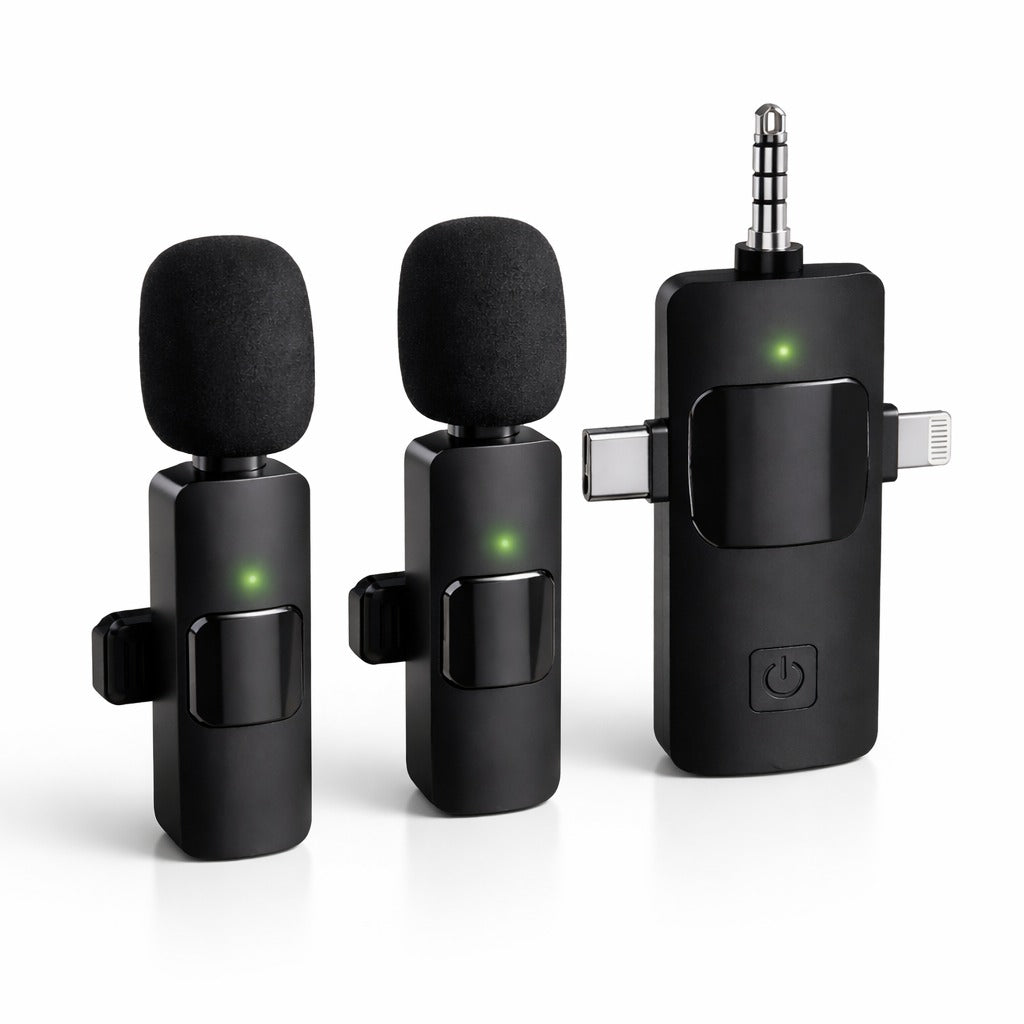 Steepify Wireless Microphone for iPhone, Android, Camera & Laptop | Dual Mic with 3-in-1 Receiver (Type-C + Lightning + 3.5mm) | Plug & Play | Noise Cancellation | 20m Wireless Range