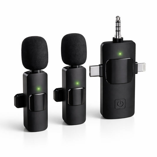 Steepify Wireless Microphone for iPhone, Android, Camera & Laptop | Dual Mic with 3-in-1 Receiver (Type-C + Lightning + 3.5mm) | Plug & Play | Noise Cancellation | 20m Wireless Range