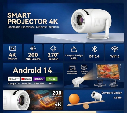 STEEPIFY Smart Projector 4K Supported with Android 14 | 1080P Native, 200 ANSI Lumens, WiFi 6, Bluetooth 5.4, Auto Keystone, Rotatable Stand | Portable Mini Projector for Home, Movies & Gaming