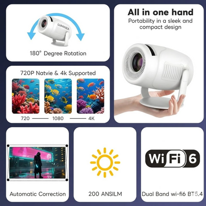 STEEPIFY Smart Projector 4K Supported with Android 14 | 1080P Native, 200 ANSI Lumens, WiFi 6, Bluetooth 5.4, Auto Keystone, Rotatable Stand | Portable Mini Projector for Home, Movies & Gaming
