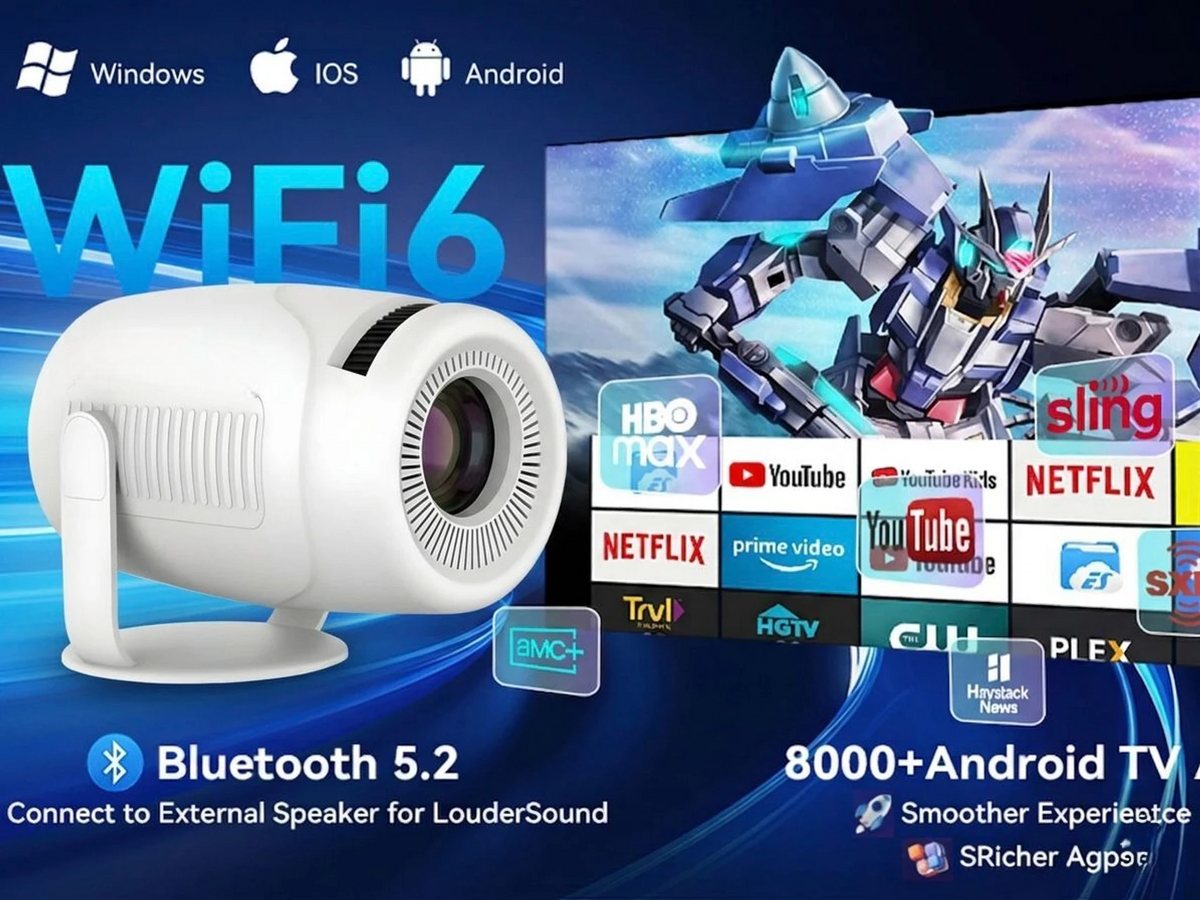 STEEPIFY Smart Projector 4K Supported with Android 14 | 1080P Native, 200 ANSI Lumens, WiFi 6, Bluetooth 5.4, Auto Keystone, Rotatable Stand | Portable Mini Projector for Home, Movies & Gaming